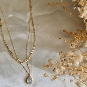 Layered Paperclip Chain Blue Opal Stone Teardrop Pendant Necklace